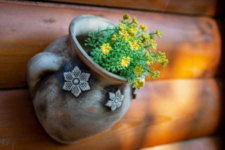 Pretty yellow flowers in traditional style ceramic pot hanging from side of wood cabin wall exteriorの写真素材