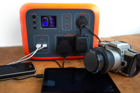 Portable power station solar electricity generator with mobile phone, tablet and camera charging.の写真素材