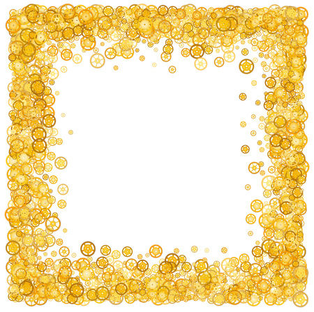 Card with many gears. Gold border. Shimmer. Golden frame of gears. Confetti. Technological frame. Mechanical design. Yellow cogs.の写真素材