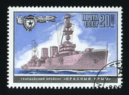 USSR - CIRCA 1982: A post stamp printed in USSR, shows Cruiser Red Crimea,series World War II Warships, circa 1982.のeditorial素材