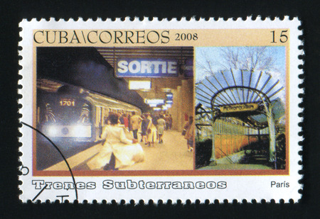 CUBA - CIRCA 2008: A post stamp printed in Cuba, shows Paris subway, Trenes Subterraneos, circa 2008.のeditorial素材