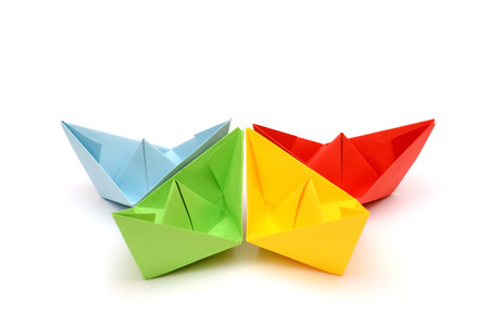 Ships origami. Paper boats. Colorful figures. Transport origamiの写真素材