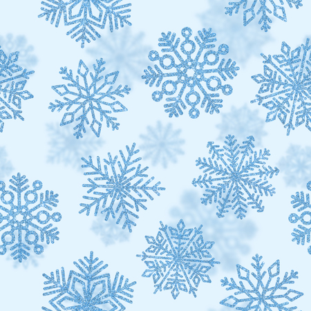 Seamless pattern with blue shiny snowflakes.. Christmas decoration of sequin confetti.の写真素材