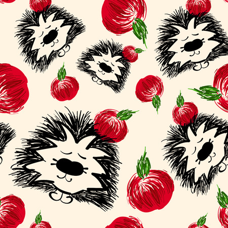 Seamless pattern hedgehog with red apple om whiteの写真素材