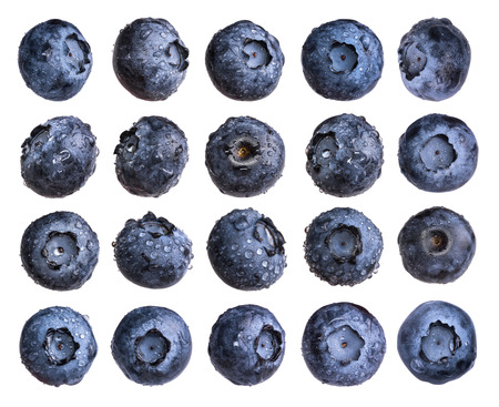 Big set of fresh blueberry with water drops isolated on white background.の写真素材
