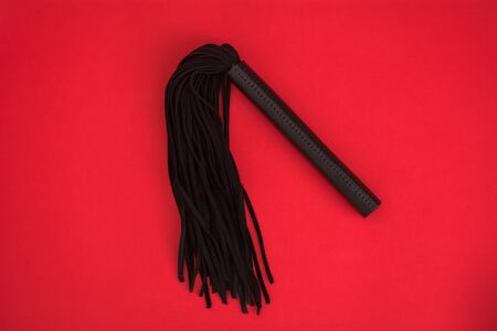Black whip on red silk background. Accessories for adult sexual games. Toys for BDSMの写真素材