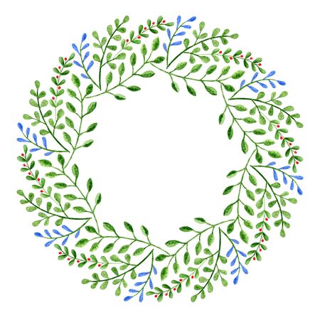 Watercolor wreath. Frame with spring leafs branches. Circular hand-drawn design.の写真素材