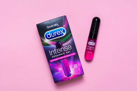 Kyiv, Ukraine - 28 June 2020: Durex Intense Orgasmic gel on a pink background. Health and safe sex.のeditorial素材