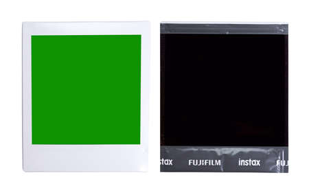 Kyiv, Ukraine - 9 July 2020: Photo paper Fujifilm Instax Square on a white background with. Chromekey templateのeditorial素材