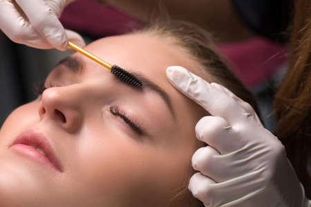 Eyebrow care in a beauty salon. Cosmetic procedure. Cosmetologist combing eyebrows.の写真素材