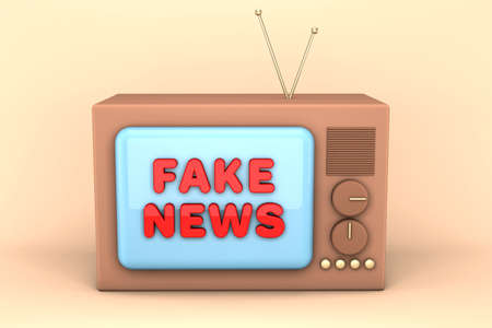 3d render of an old TV. Brown cartoon TV with an inscription on the screen. Fake news concept.の写真素材