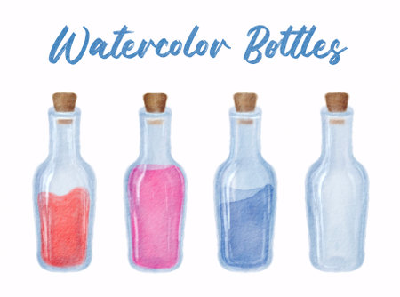 Set of watercolor hand drawn bottles isolated on white backgroundの写真素材