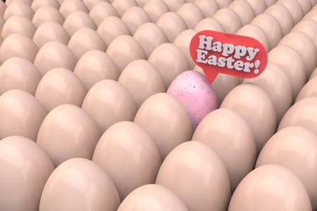 Easter composition. One painted egg is different from all the others. Bubble of thoughts with congratulations. 3D renderingの写真素材