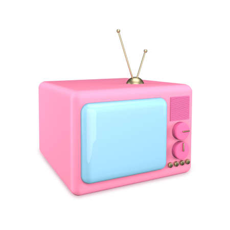 3d render of an old TV. Pink cartoon TV with blue screen isolated on a white background. beauty news concept.の写真素材