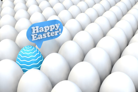 Easter composition. One painted egg is different from all the others. Bubble of thoughts with congratulations. 3D renderingの写真素材