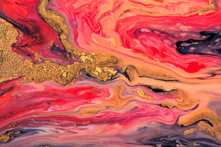 Luxury fluid art painting background. Spilled black, red, blu and gold acrylic paint. Liquid marble pattern. Alcohol ink splash.の写真素材