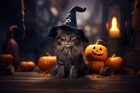 Cute kitten in a witch's hat. Pumpkin for Halloweenの素材