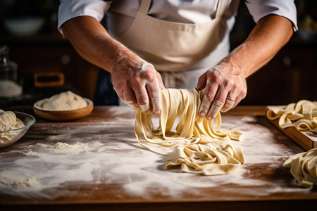 The chef is making pasta. Hands close upの素材