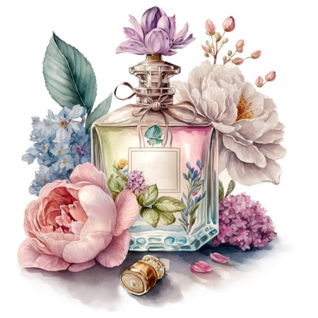 Watercolor perfume bottle isolated on white background. Bottle and bouquet of flowers.の素材