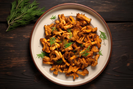Fried chanterelle mushrooms in a plate on a wooden background. Delicious dish top view.の素材