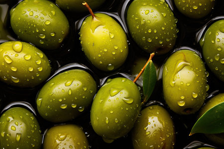 Fresh green olives with drops of oil, beautiful textureの素材