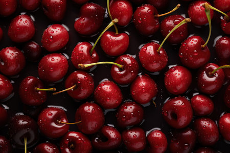Cherries with water drops on black background, closeup viewの素材