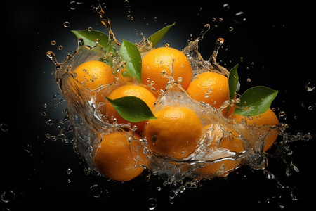 Fresh tangerines with water splash, isolated on black background.の素材