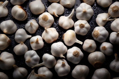 Garlic on a black background with water drops. Close up.の素材