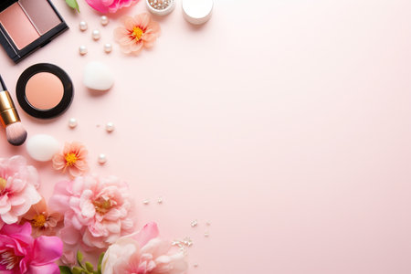 Cosmetics and flowers on pink background. Flat lay, top view.の素材