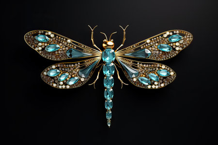 The dragonfly is made of precious metals and stones. Beautiful brooch isolated on black backgroundの素材