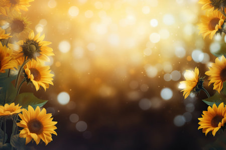 Sunflower background with bokeh lights. Bright summer landscape.の素材