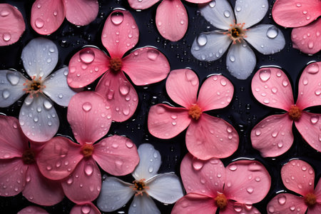 Background with beautiful spring flowers and water drops, top viewの素材