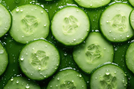 Sliced cucumber with water drops, top viewの素材