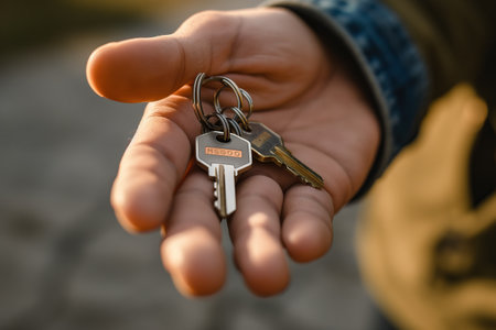 Keychain with house keys in handの素材