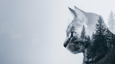 Creative photo with double exposure. Silhouette of a cat against a forest background.の素材
