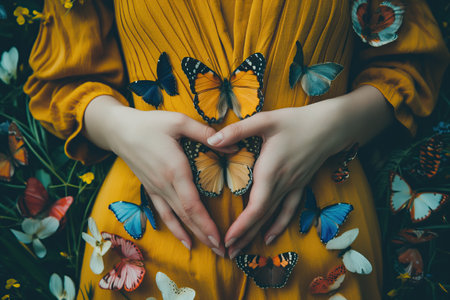 A young woman holds butterflies in her hands. Creative concept about love or inspirationの素材