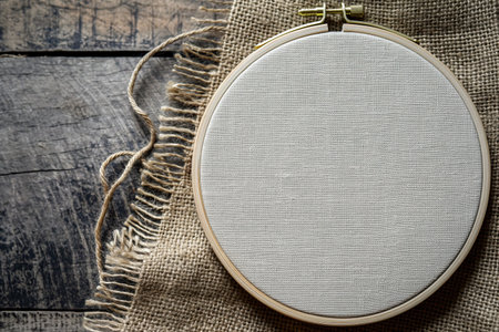 Composition with embroidery hoop and fabric on a light background. Hobby toolsの素材