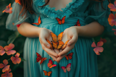 A young woman holds butterflies in her hands. Creative concept about love or inspirationの素材