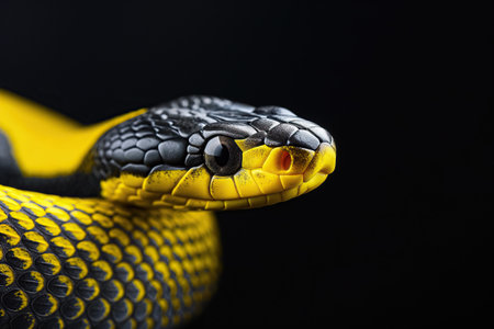 Close-up of yellow snake on a black background, studio shotの素材