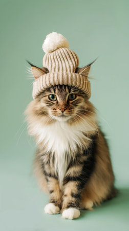 Funny siberian cat wearing a hat on a green backgroundの素材