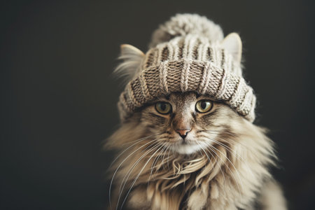 Cute cat in winter hat on gray background.の素材