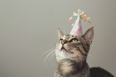 Cute cat in a festive cap on a gray backgroundの素材