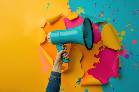Woman holding megaphone through hole in blue pink yellow paperの素材
