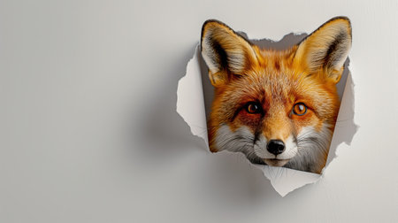 Cute fox peeks through the hole in the paper wall.の素材