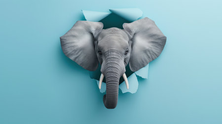 Cute elephant peeks through the hole in the paper wall.の素材