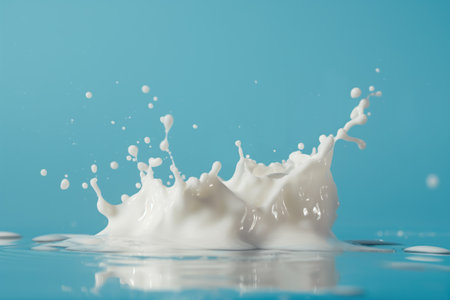 Splash of milk on a blue background. Natural product, advertising photo.の素材