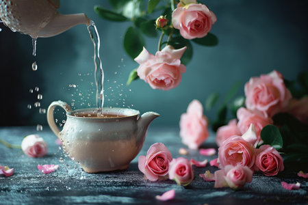 Pouring tea from a teapot into a cup with pink rosesの素材