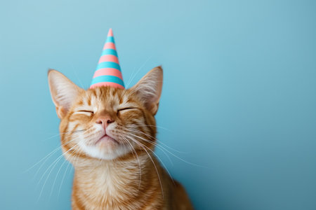 Cute ginger cat wearing birthday hat on blue background with copy spaceの素材