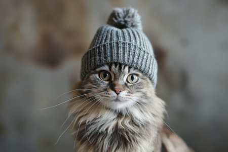 Cute cat in winter hat on gray background.の素材