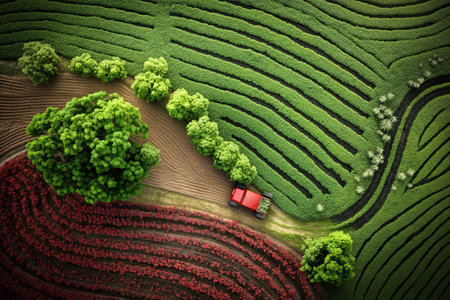 Aerial view of green tea plantation with red car on the fieldの素材